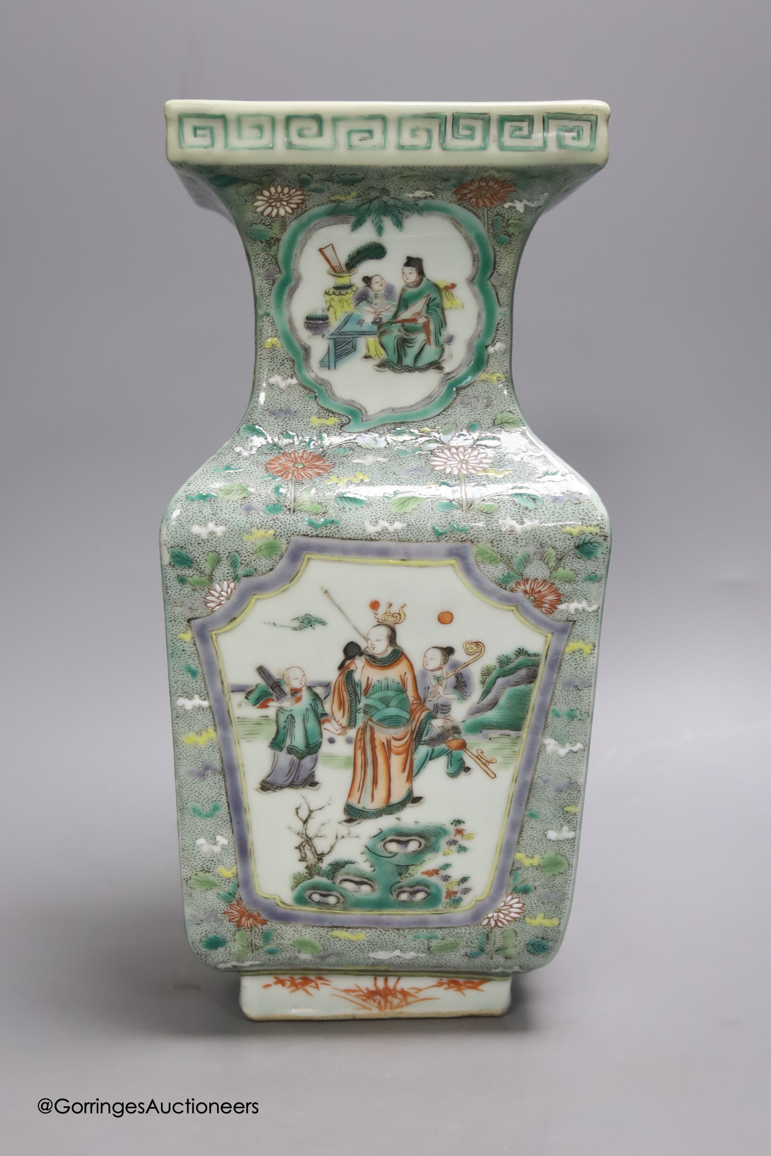 A Chinese famille verte square baluster vase, 19th century, height 32cm, restored neck